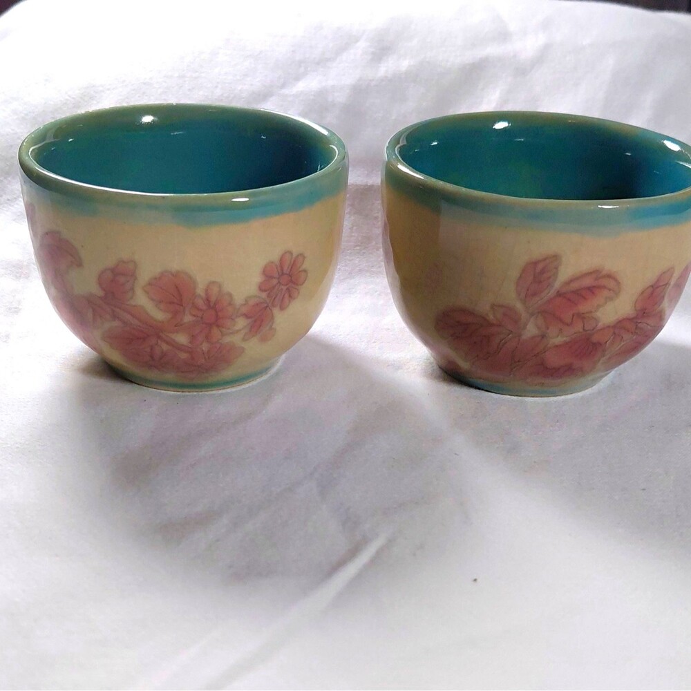 Vintage Pier 1 Set of 2 Ceramic Tea Bowls Blue Interior Pink Floral